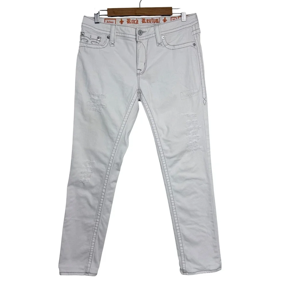 Rock Revival women's Arjean White Distressed Skinny Jeans Thick Stitch 31
